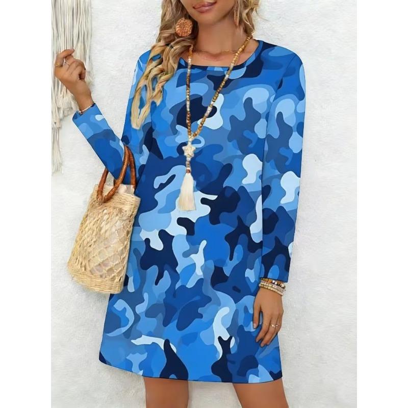 Ladies' Long Sleeved Round Neck Casual Mini Dress, 3D Retro Camouflage Printed Casual Vacation Dress
