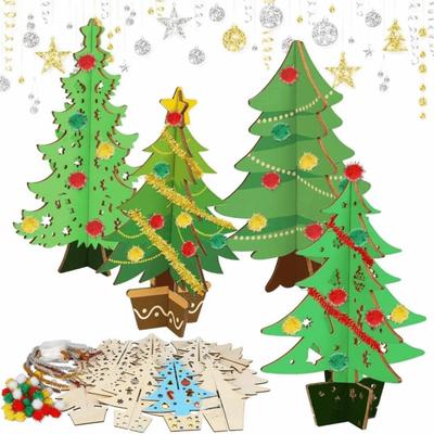 70Pcs DIY Handmade Christmas Tree 3D Painting Christmas Tree Ornaments Parent-Unisex Interaction Painted Wood Chips