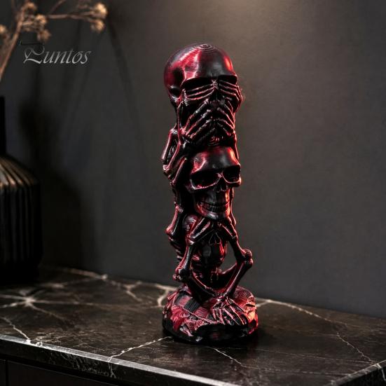Office Desk Accessories 3D Printed Triple Skull Statue, Halloween Horror Hear No Evil See Modern Interior Ornaments Speak Figurine, Creative Decor for