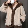 Autumn and winter contrasting color splicing plush jacket women's fur integrated hooded fur casual coat temperament commuting