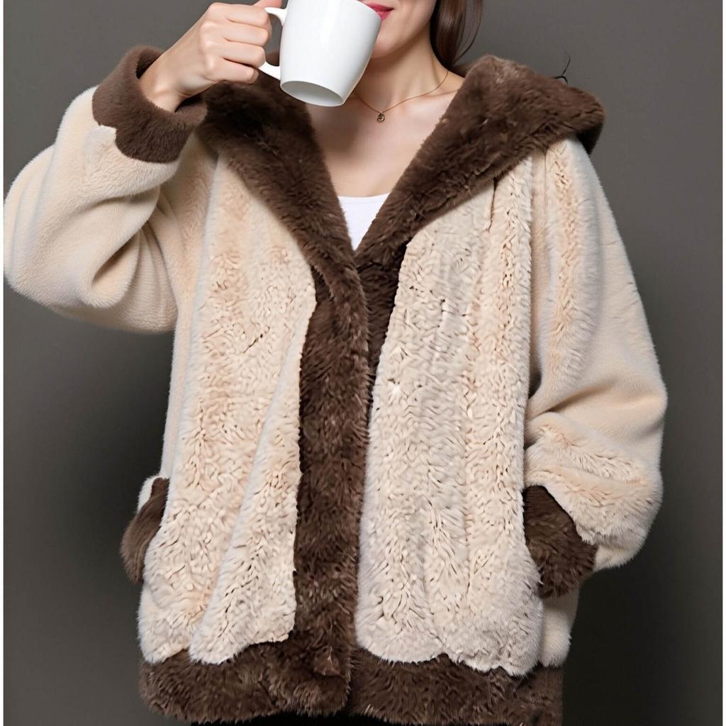 Autumn and winter contrasting color splicing plush jacket women's fur integrated hooded fur casual coat temperament commuting