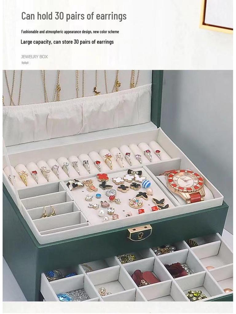 Three-Layer Leather Jewelry Box with Lock for Rings, Bracelets, and Earrings