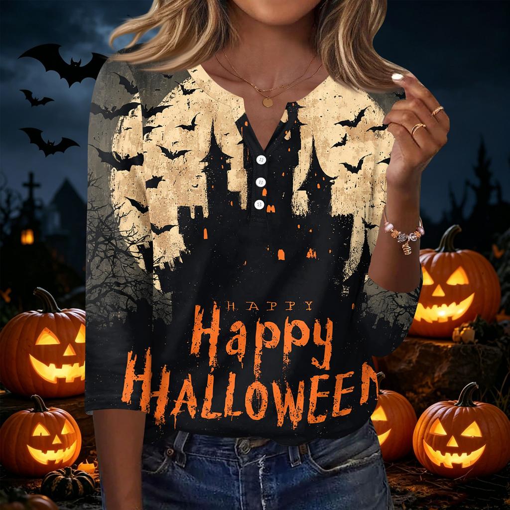 Women's Casual Halloween Print V Neck Button Front Three Quarter Sleeve T Shirt Top Lightweight Soft Fabric Comfortable Fit