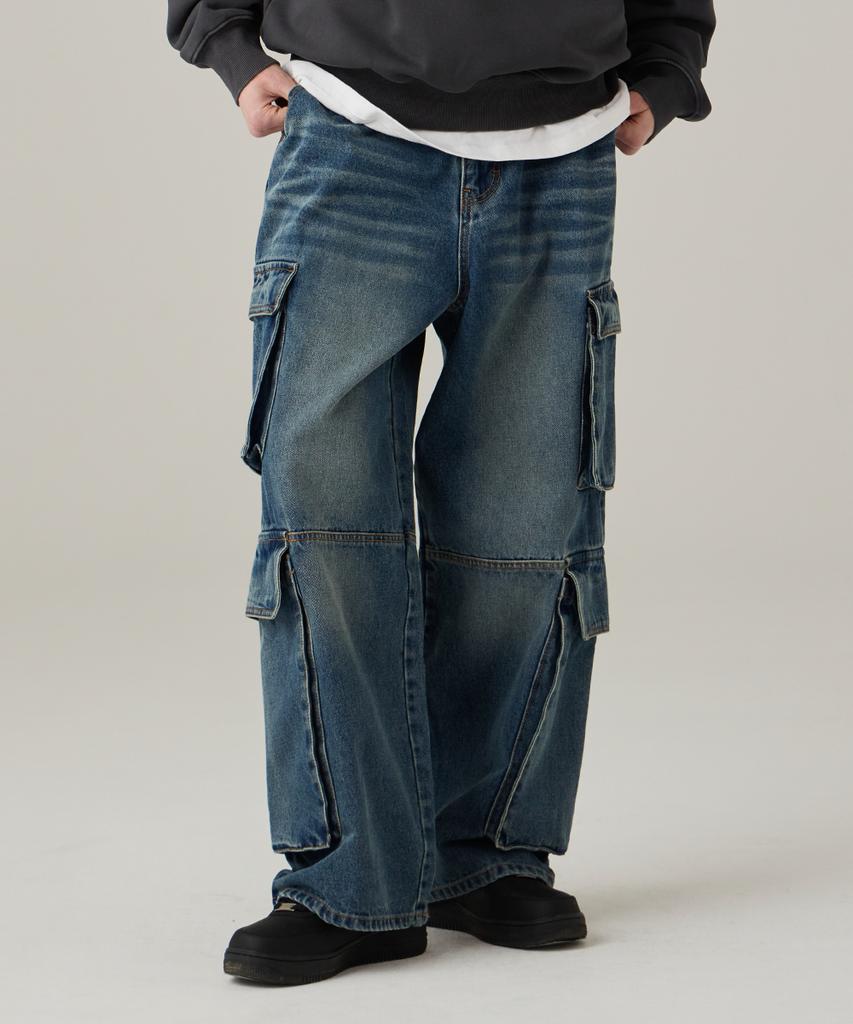 URBANAGE [2Pack] Double Cargo Washed Denim Wide Pants 3 Colors