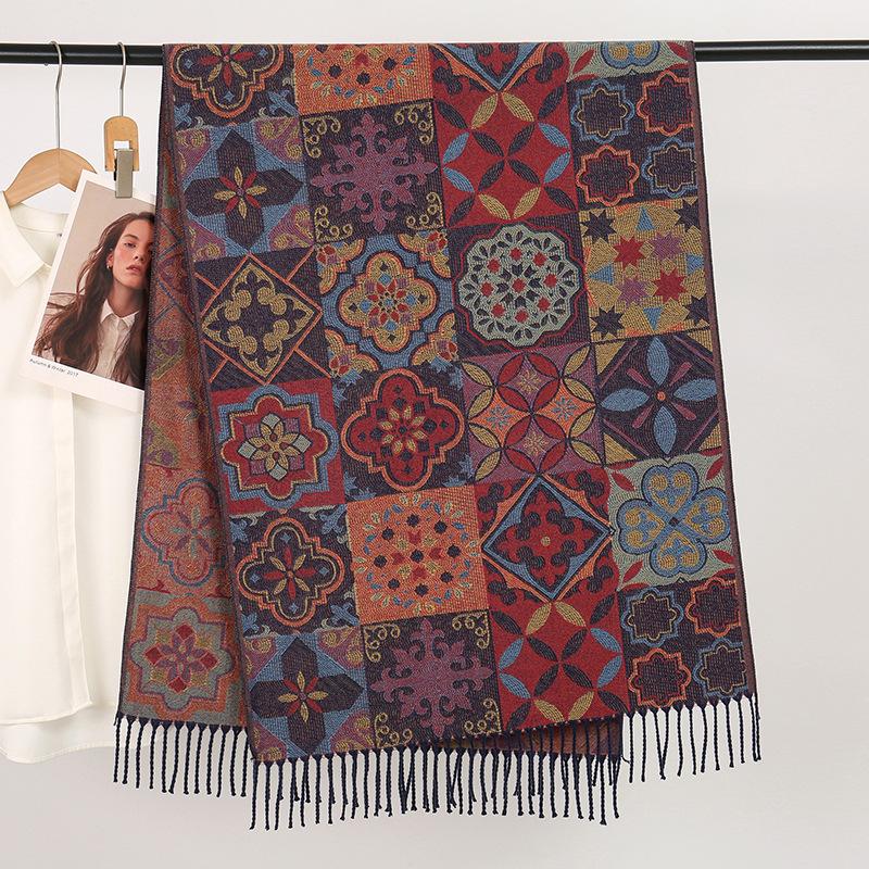 Geometric Flower Jacquard Long Towel Warm Polyester Scarf Ethnic Style Long Fringed Shawl