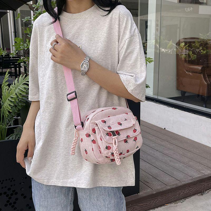 Summer Casual Versatile Strawberry Printed Canvas Phone Bag Single Shoulder Crossbody Bag