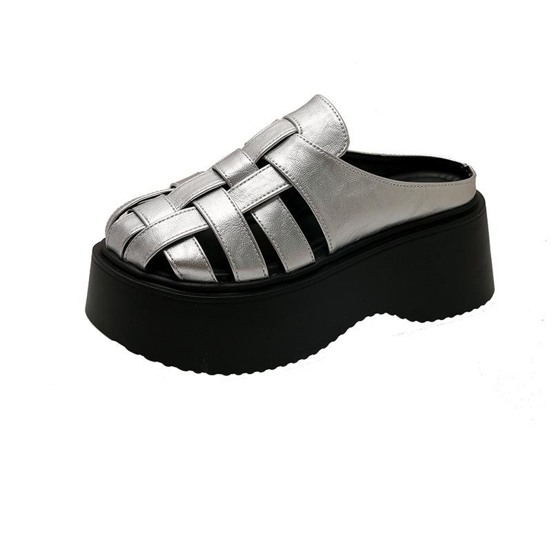 

Баотоу полутапочки женские летние для улицы новые плетеные сандалии с вырезами маленькие сандалии на толстой подошве с высотой 40 серебряный