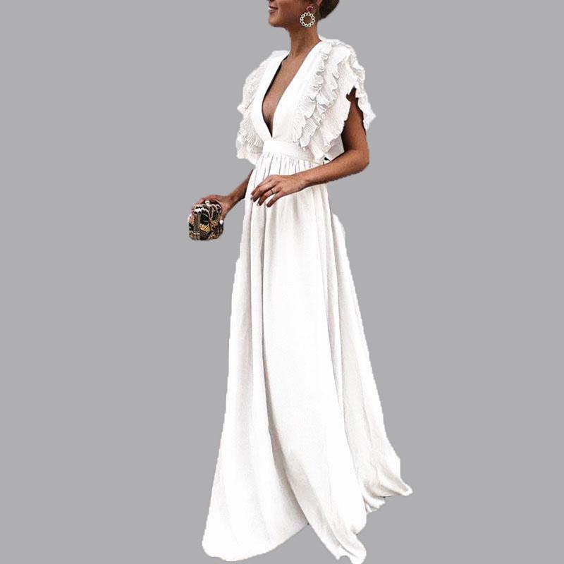 2026 European Women's Flutter Sleeve V-Neck Backless Long Dress