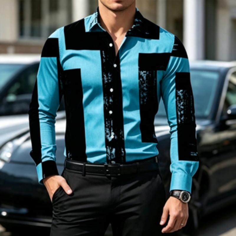 Men's Shirt Color Block Lapel Long Sleeved Shirt Abstract Geometric Print Slim Fit Shirt Light Business Daily Casual