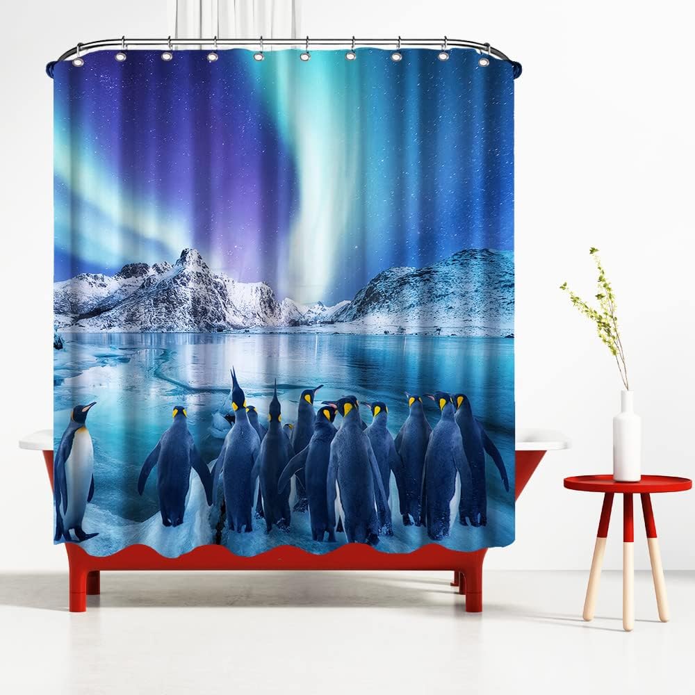Penguin Shower Curtain Blue Bathroom Curtain Polar Animal Aurora Bathroom Curtain Waterproof Polyester Fabric with Hook