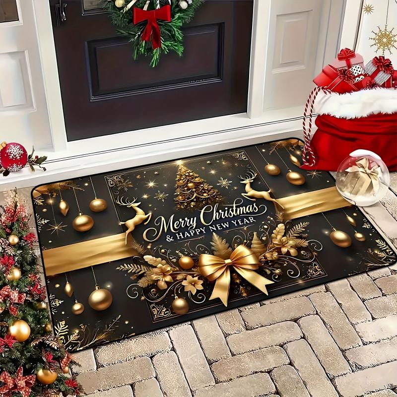 VIKAMA Merry Christmas Doormat Golden Bell Red Bow Pine Branch Non Slip Floor Mat Front Porch Holiday Home Decor