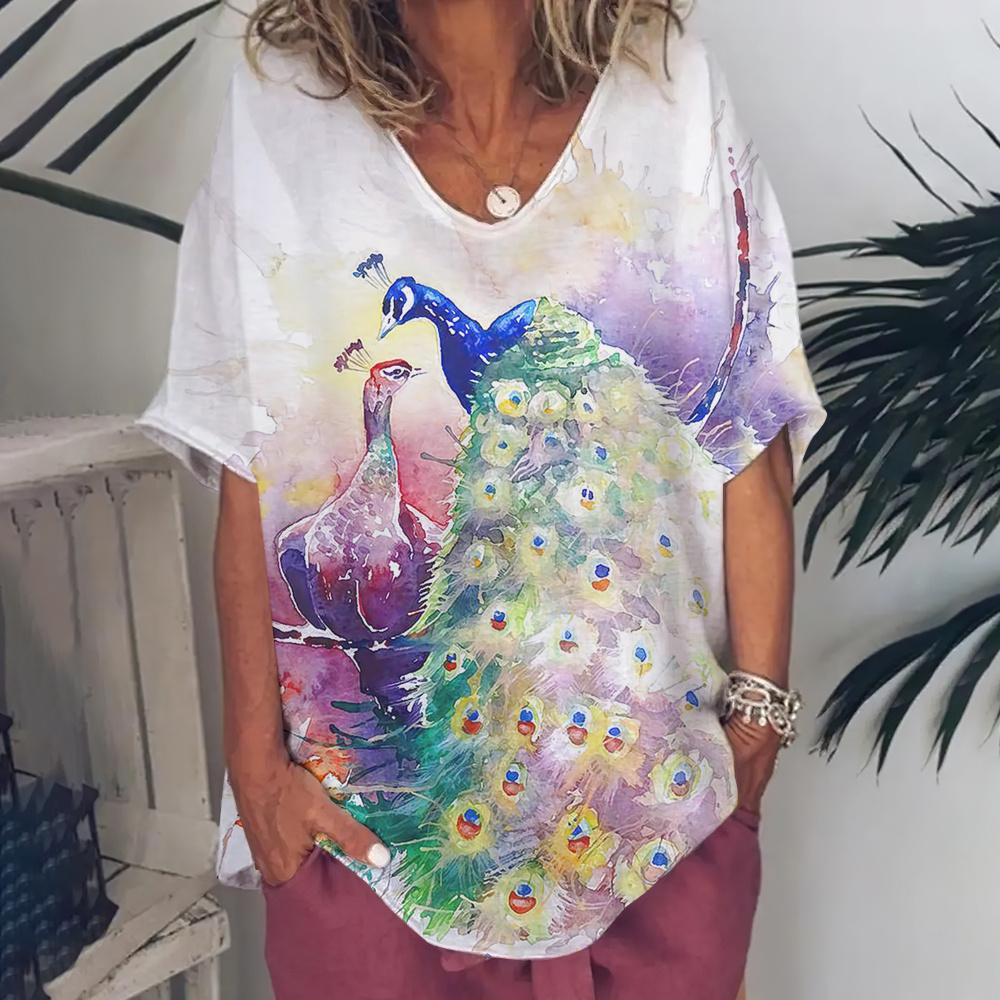 Fashion Women's T Shirt V-Neck Short Sleeve Top Women 3d Peacock Graphics Summer Plus Size Everyday Casual Female Clothing 5XL