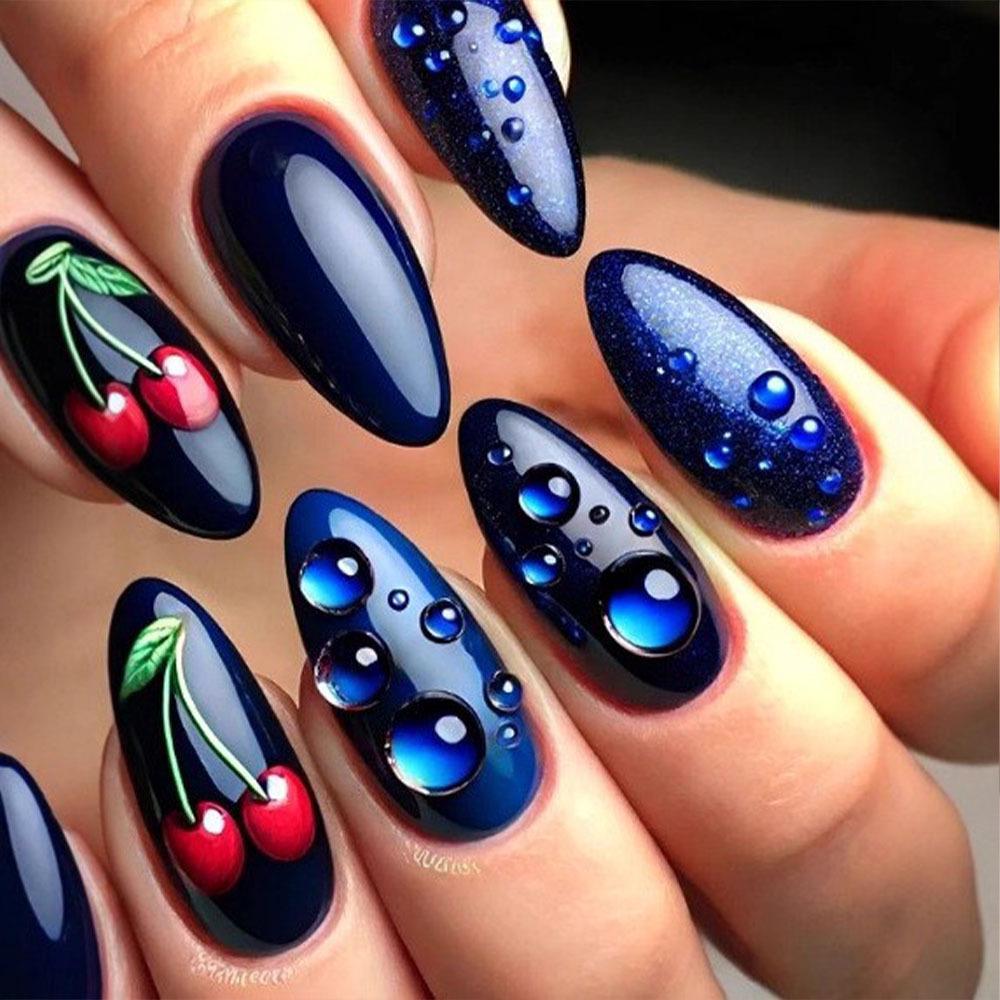 3D Resin Water Drop Wearable Almond-Shaped Sweet Cherry Nail Art Tips - 24 Pieces