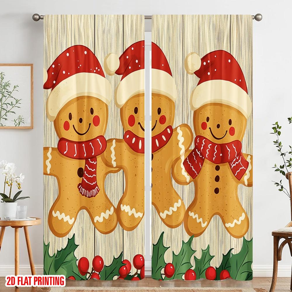 2pcs  2D plane printing Light Filtering Curtains Gingerbread Friends Christmas Holly (2) 100% Polyester (without rod) Festive for