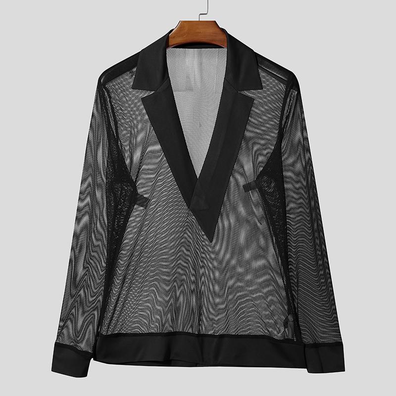 

INCERUN Men V Neck Long Sleeve Mesh Sheer Hollow Out Fitted Party T-shirts S чёрный