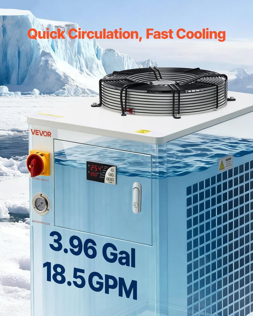 Industrial Water Chiller, 5000W, Industrial Water Cooler Cooling System with Compressor, 15L Tank Capacity, 70 L/min Max Flow Rate, Laser Chiller, for