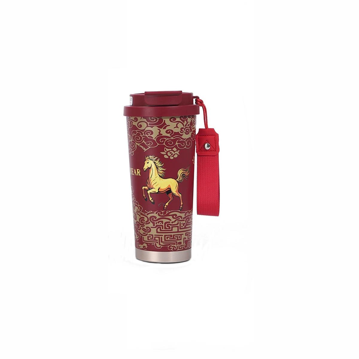 

1pc Year Of The Horse Double Wall Insulated Coffee Cup With Straw & Leak Proof Lidd Stainless Steel Thermal Cup For Travel Party 500ml червоний