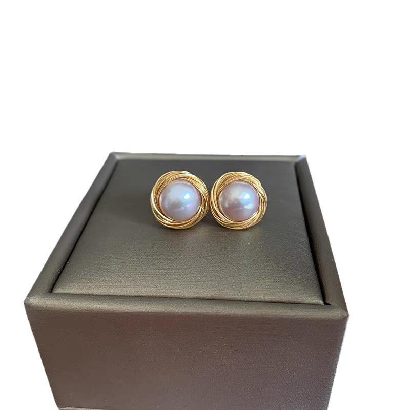 Hand-woven stud earrings silver needle retro earrings simple niche high-end sense natural freshwater pearl earrings women's summer