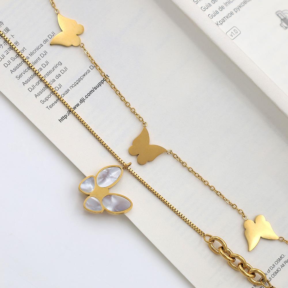 Fashion Light Luxury 18K Gold Fritillary Butterfly Pendant Necklace Women'S High-End Titanium Steel Double-Layer Stacked Collarbone Chain