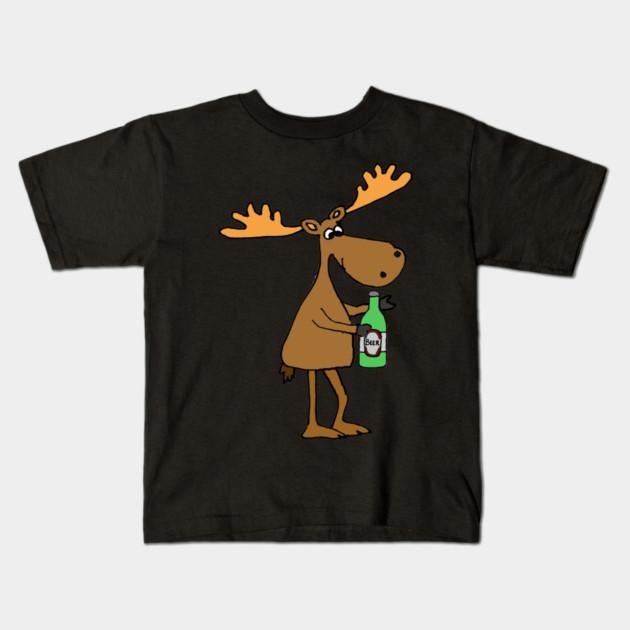 Boys Girls Soft Cotton Graphic Tees Funny Moose Drinking Beer Cartoon Breathable Daily School Wear Kids T-Shirts