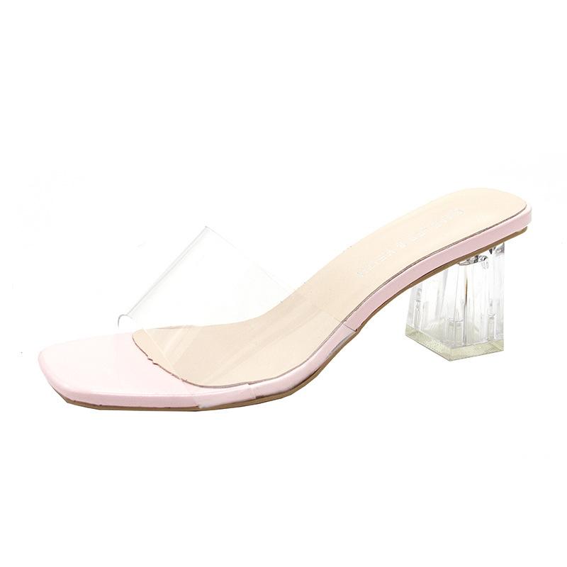 Summer 2020 New Korean Version Crystal Thick Heel with Transparent Cool Slippers Women 2025