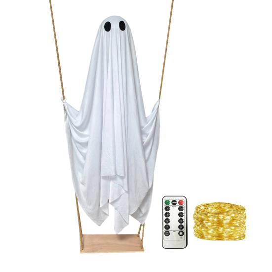 Zewnętrzne Dekoracje Halloween Wisząca Huśtawka Dekoracja Ducha, Podświetlane Duże Straszne Rekwizyty na Zewnątrz Ogród Podwórko Ganek Drzewo Dekoracja Łatwy Montaż