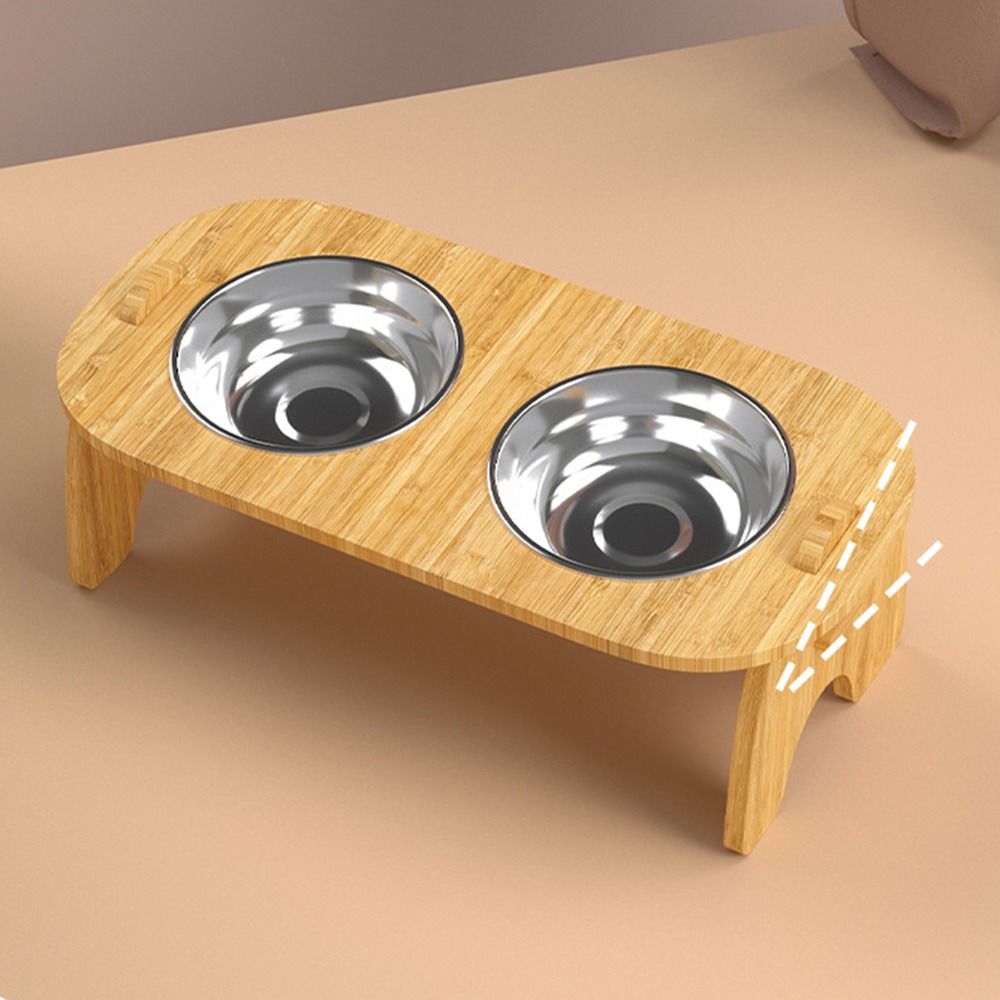 Wooden Stand Holder Raised Pet Bowl Stainless Steel Bowl Dog Feeder Dish  Small Dogs