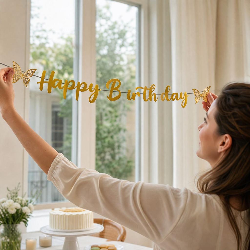 Gold Butterfly Birthday - Birthday Party Decoration Garland