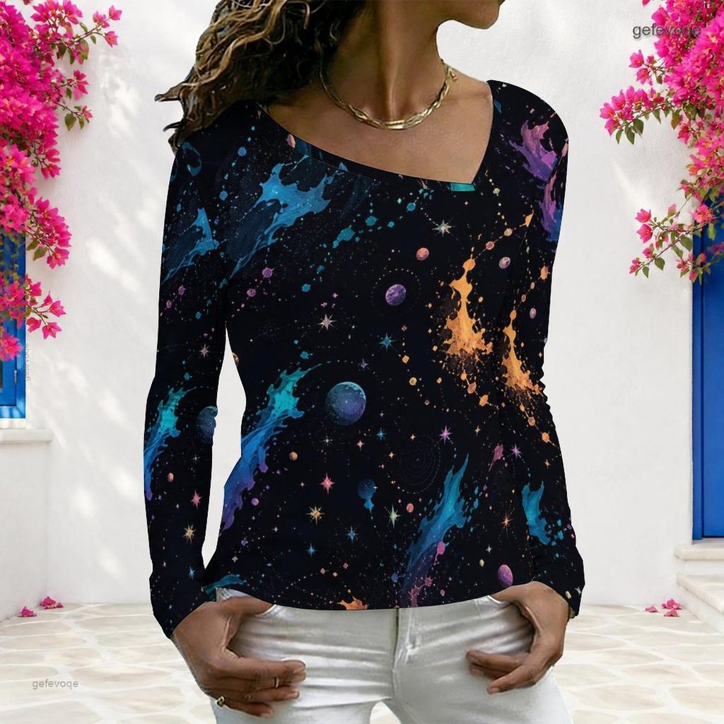 Women Plus Size Long Sleeve V Neck Colorful Abstract Printed Casual T Shirt