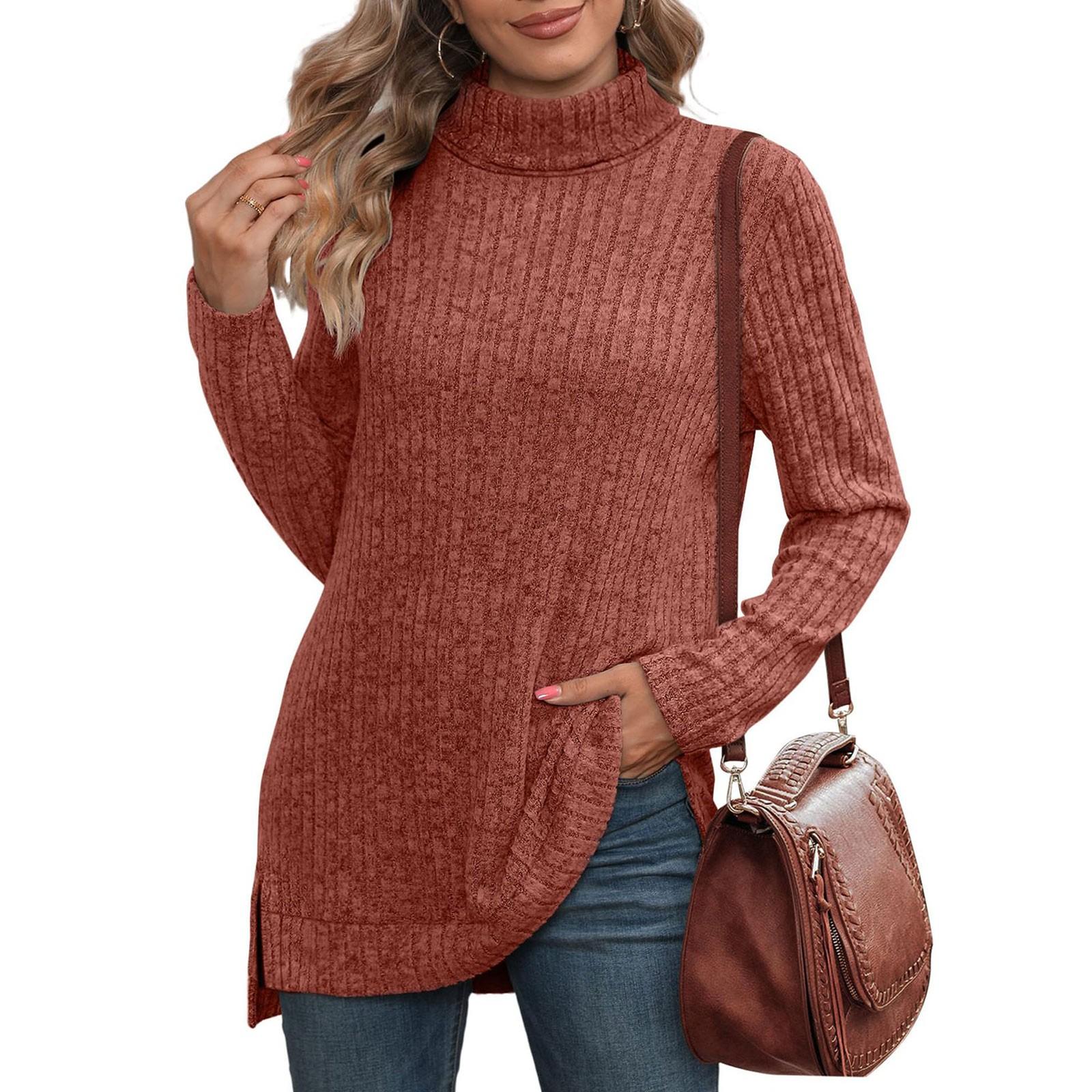 Женская модная повседневная вязаная футболка с высоким воротом и разрезом по бокам однотонный топ XL киноварь 2179₽