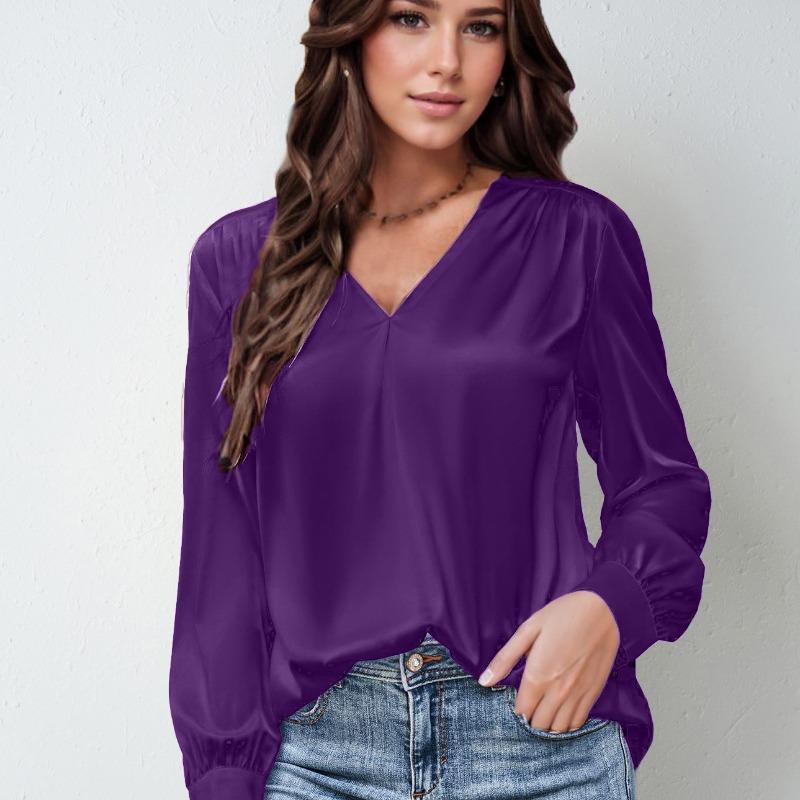 

Элегантные атласные плиссированные топы с длинным рукавом, женские повседневные свободные свитера с V-образным вырезом, рубашки, женская однотонная модная одежда, тонкие простые офисные женские блузки 26260 XXL фиолетовый