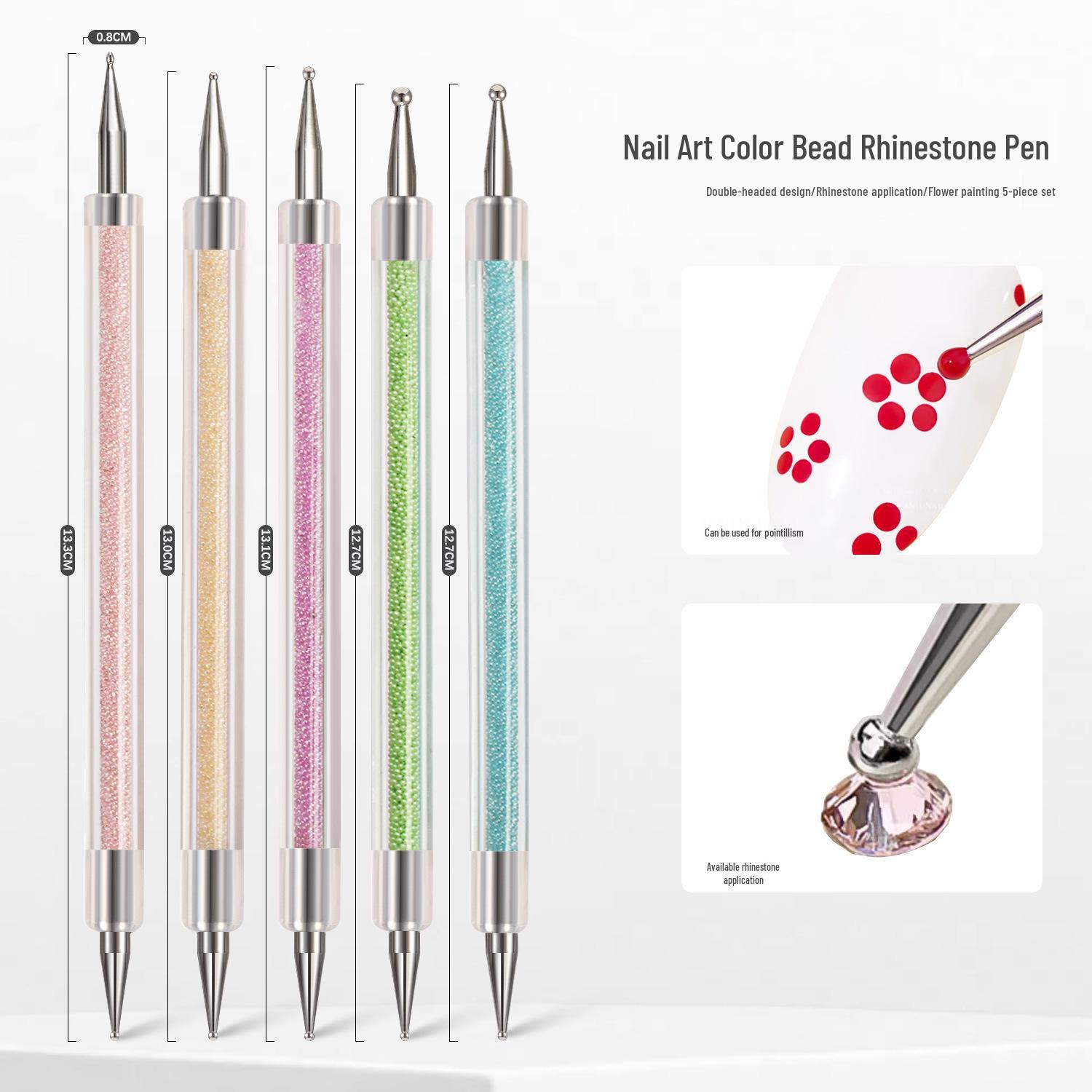 Nail Art Set: 5-Piece Colored Bead Sticks & Double-Ended Rhinestone Pens for Flower Painting & Beading