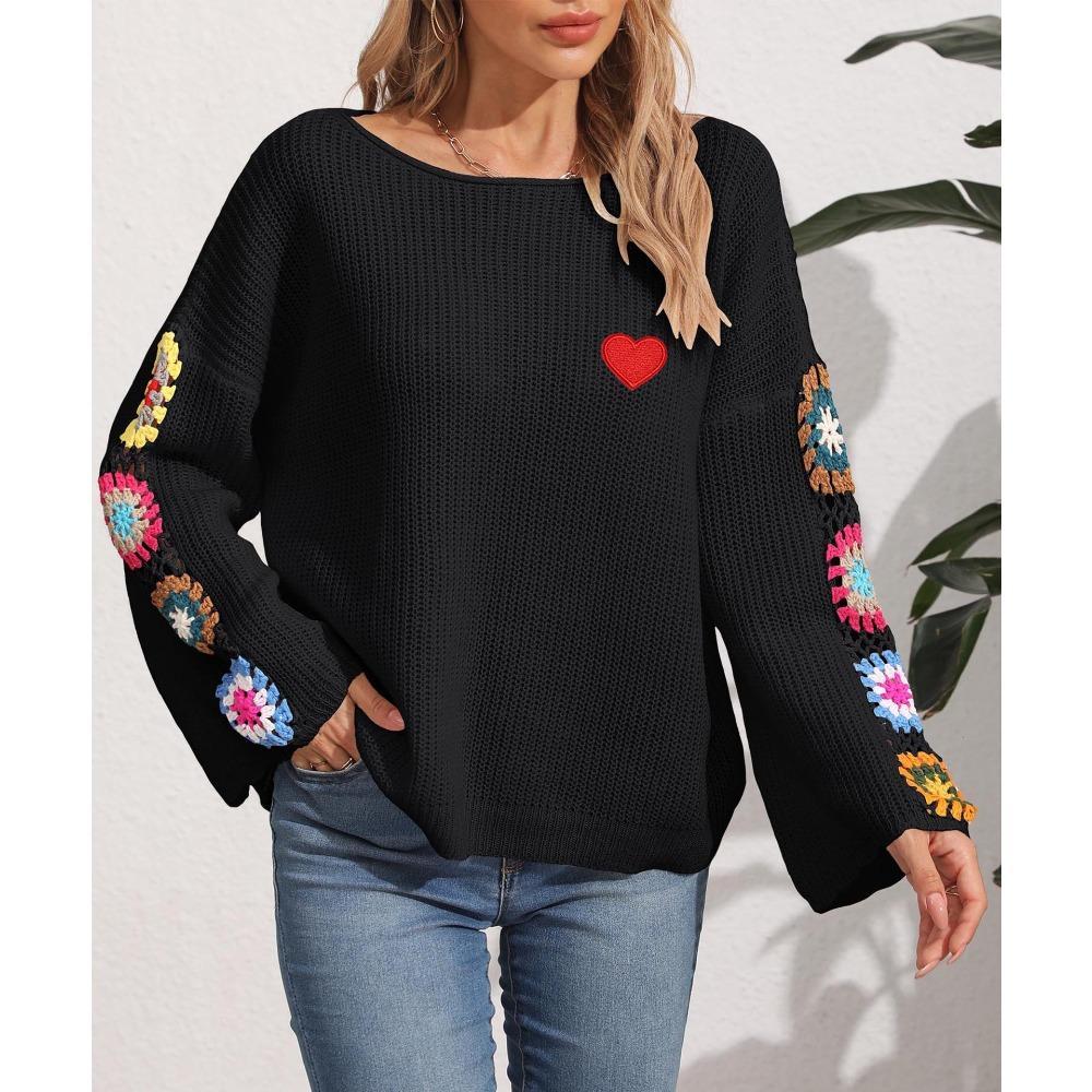Women’s Pullover: Autumn/Winter Women’s Off-the-Shoulder, Loose-Fit Top with a Straight Neckline – Random Assortment of Colours, Crocheted Design