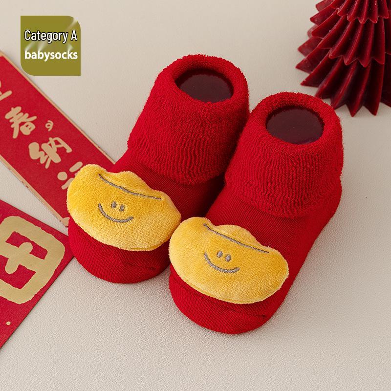 Newborn Toddler Red Terry Cloth Anti-slip Socks - Thick, Warm & Cozy for Autumn/Winter