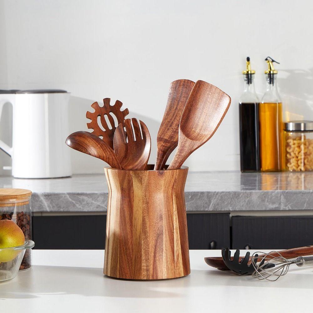 Wooden Cutlery Holder Acacia Wood Utensil Storage Box Portable Storage Rack Countertop