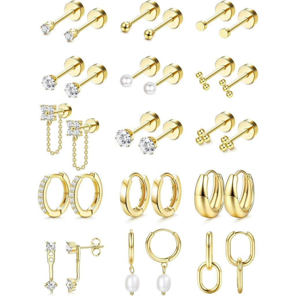 Bobisty Surgical Stainless Steel Flat Back Earrings for Women Cartilage Earring Stacks 14K Gold Plated Hoop Stud Earring Sets