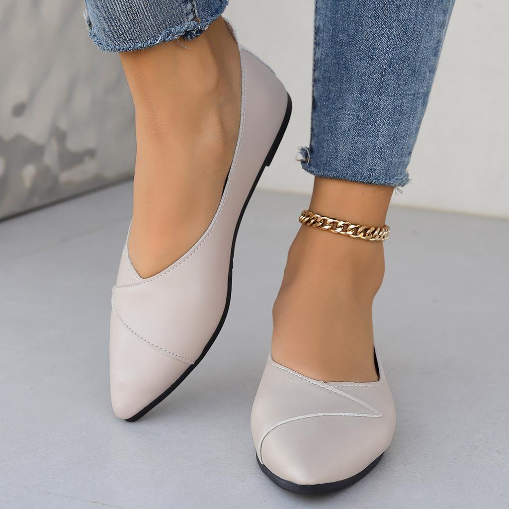 Women's Comfortable Solid Color Pointed Toe Low-cut Slip-on Flat Shoes, Suitable For Moms , Autumn, Pu Leather And Soft Bottom