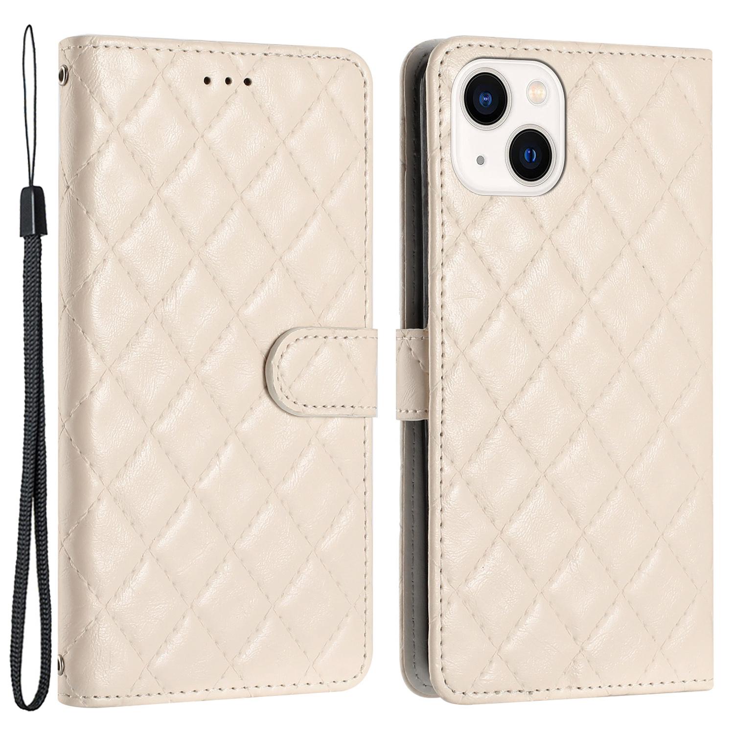 

TPU+PU Leather Phone Cover for iPhone 13,Wallet Shell Flip Stand Stitching Line Rhombus Texture Phone Case White