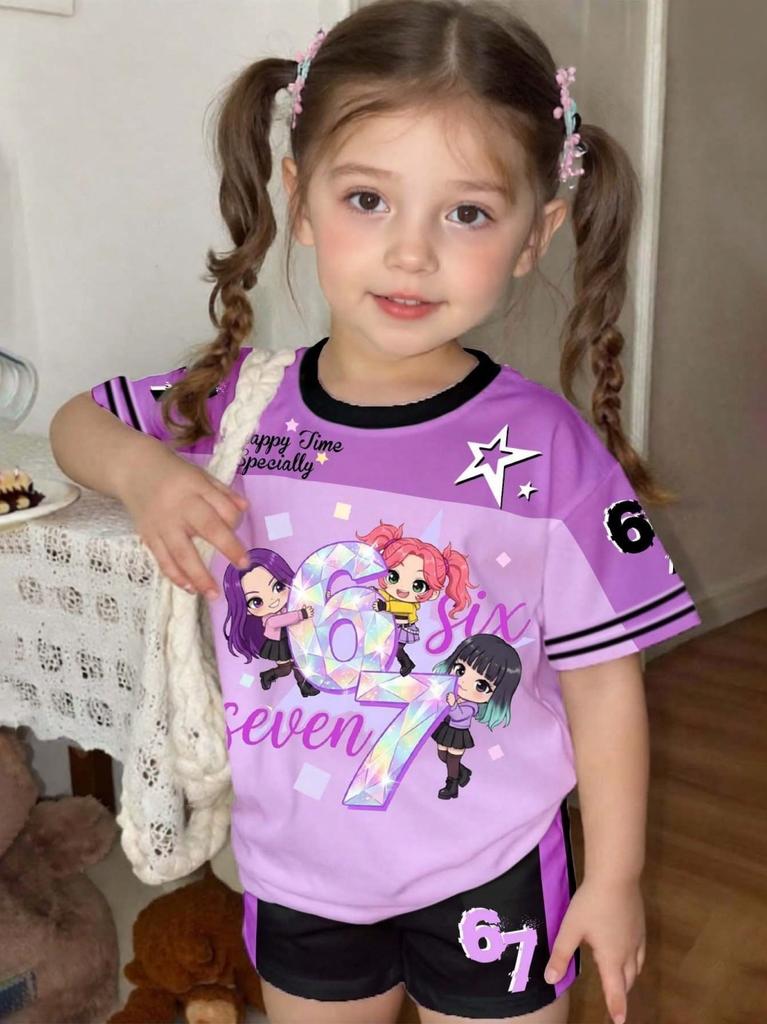 Lässige Kpop Beliebte Cartoon-Print Sommerkleidung für Mädchen Rundhals Kurzarm und Shorts Tägliche Kleidung Kinderkleidung Mädchen