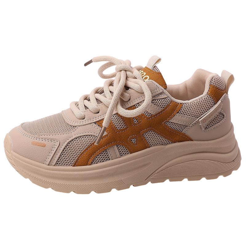Fashion retro thick baseplate shoes splicing mesh shallow mouth sports shoes women's summer casual lace-up dad shoes running shoes