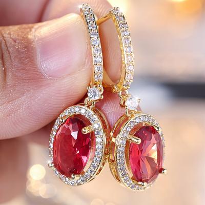 Fashion Rose Red Oval Zircon Dangle Earrings for Women Gold Color Charm Luxury Wedding Jewelry