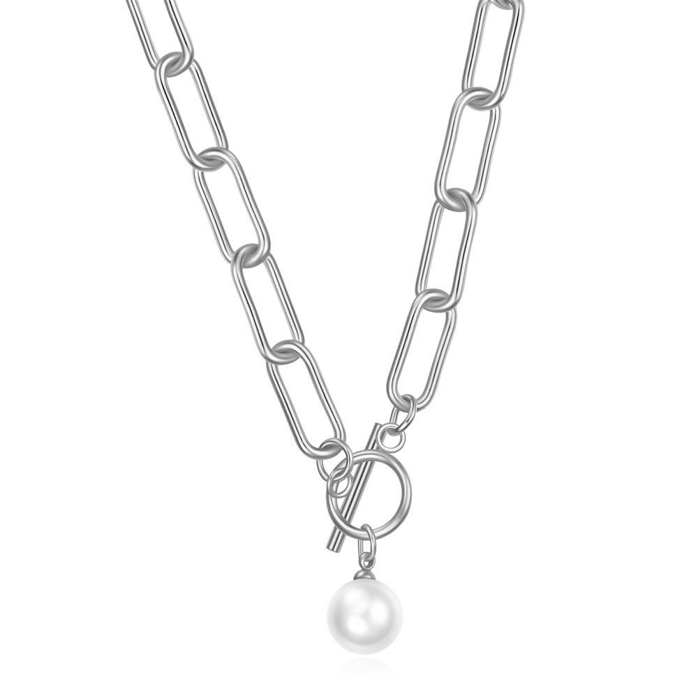10MM Pearl Pendant Fashion Brooch Stainless Steel & Titanium Steel OT Clasp Necklace for Women