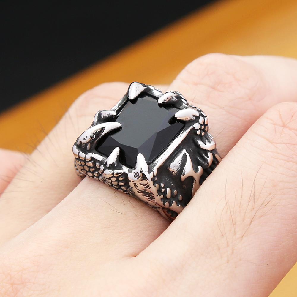 Gothic Vintage Dragon Claw Ring Punk Hip Hop Stainless Steel Black Stone Rings For Men Women Fashion Party Jewelry Accessories