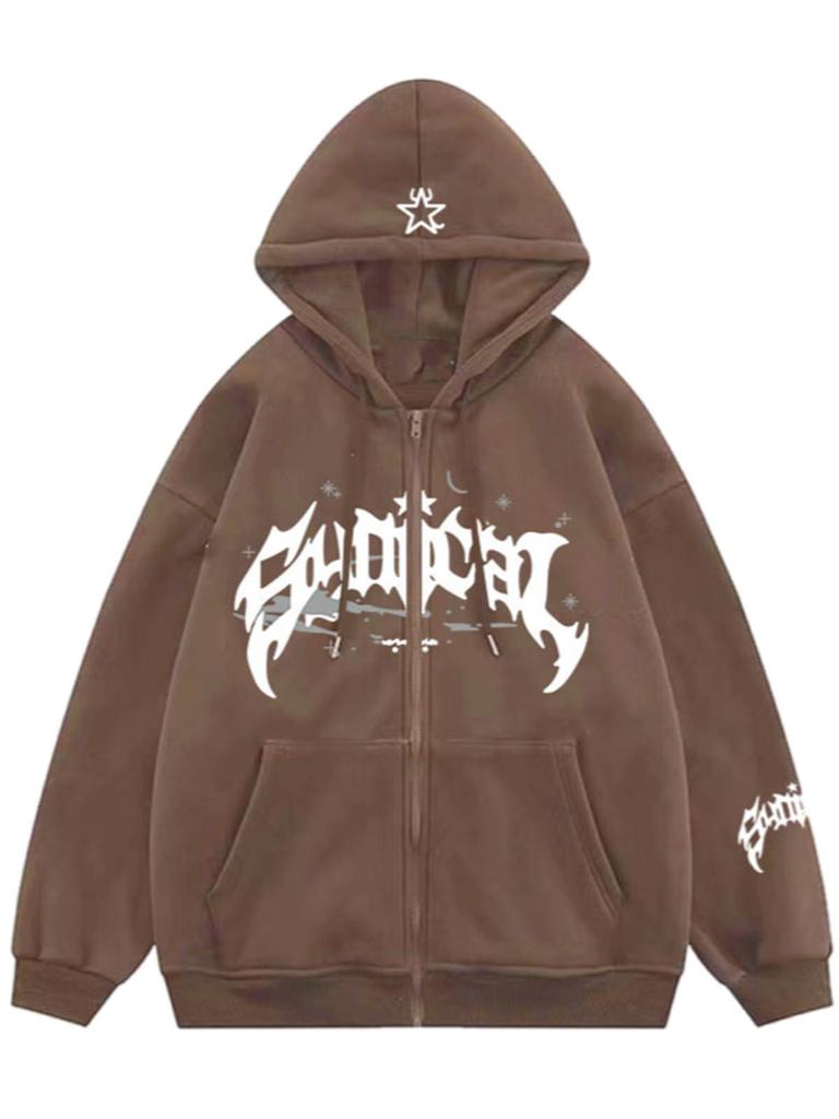 2024 Gothic Star Cross Print Zip-up Hoodie Sweatshirt