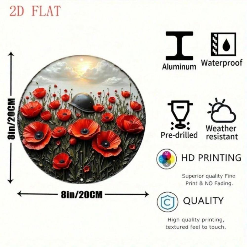 Round Metal Wall Art 8 Inch Poppy and Helmet Sunrise Decor