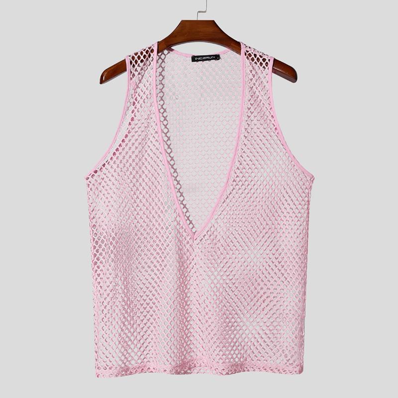 

INCERUN Мужские майки с глубоким V-образным вырезом, без рукавов, с ажурными вставками, прозрачные, повседневные, пляжные 5XL розовый