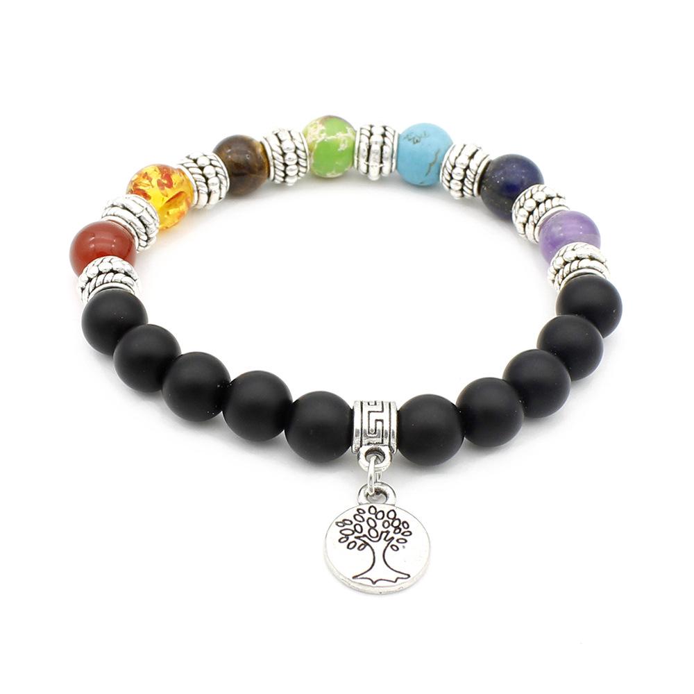 European  American Bestseller: Yoga Bracelet with Seven-Color Stones  Tree of Life Charm, featuring Eight Black Frosted Stone Beads.