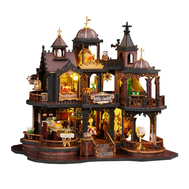 

DIY Wooden Puzzle Edinburgh Castle House Figurines Miniatures Kits With LED Lights Dollhouse Home Decoration For Adult Handmade Gifts