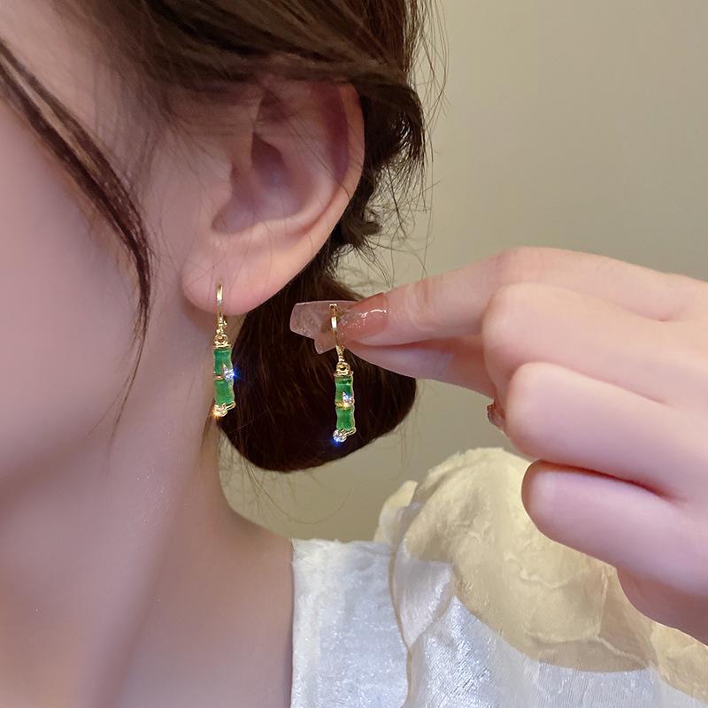 

Chinese style opal bamboo stud earrings ear buckle women s retro temperament high sense earrings fashion personality Internet celebrity earrings 925 silver needle