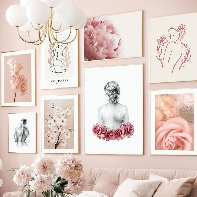Abstrakt Flickkropp Ros Sakura Blomma Väggkonst Canvasmålning Nordiska Landskapsaffischer Och Tryck Bilder För Vardagsrumsinredning